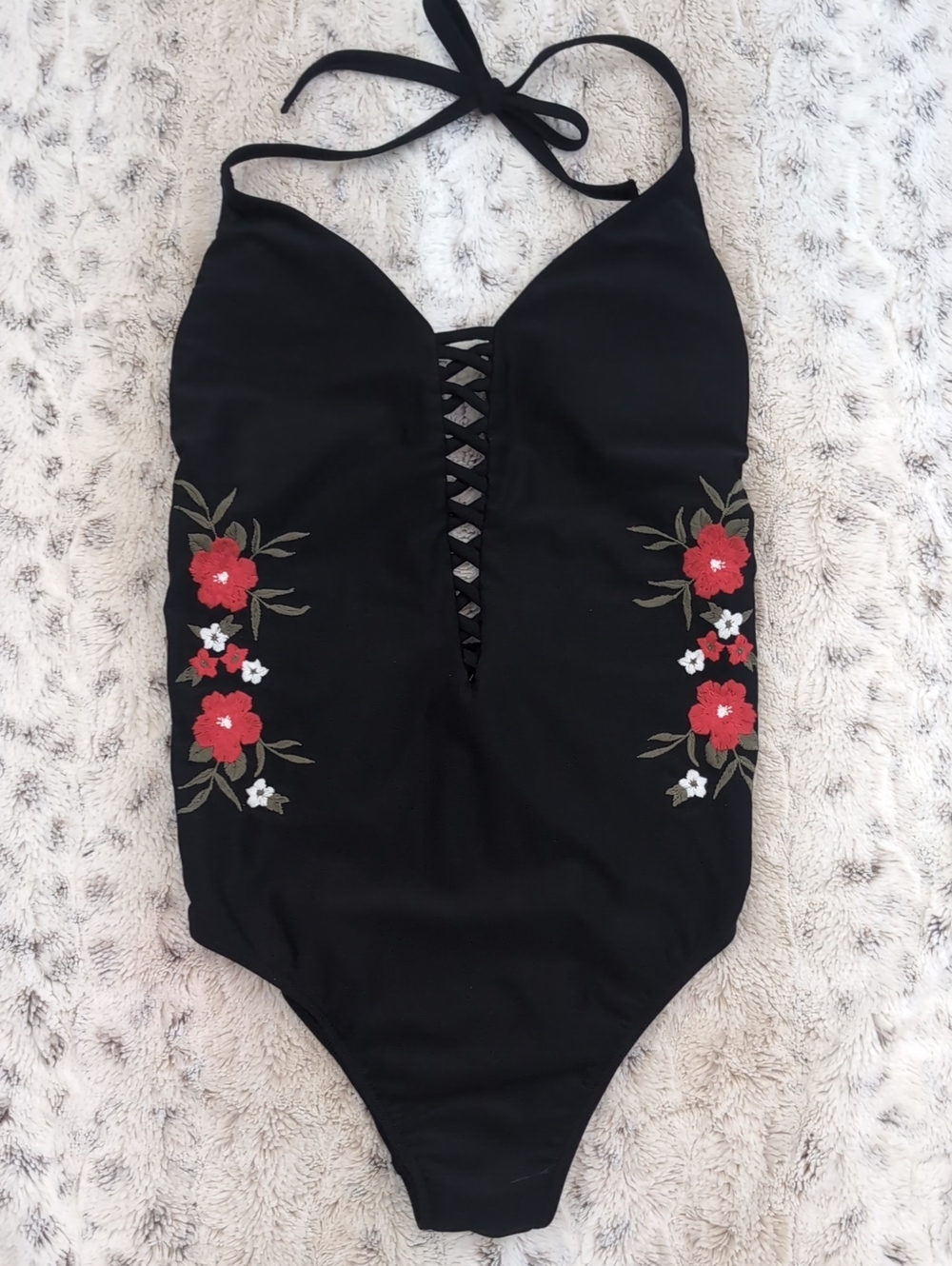 Hollister Embroidered Floral Black One Piece Swimsuit.